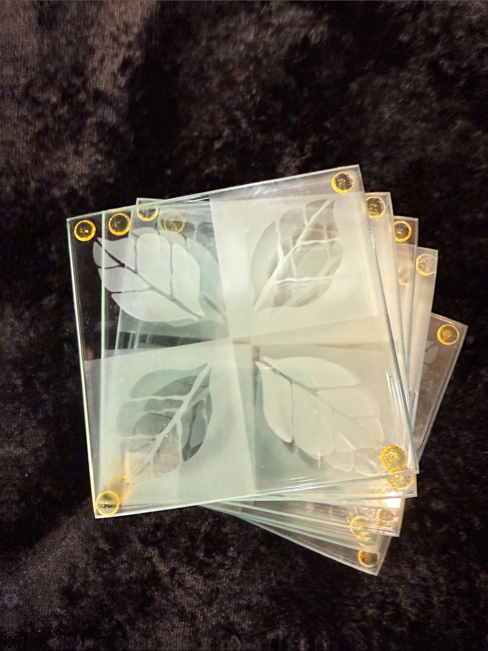 Etched Leaf Glass Coasters - Clear with Frosted Leaf Design (Set)